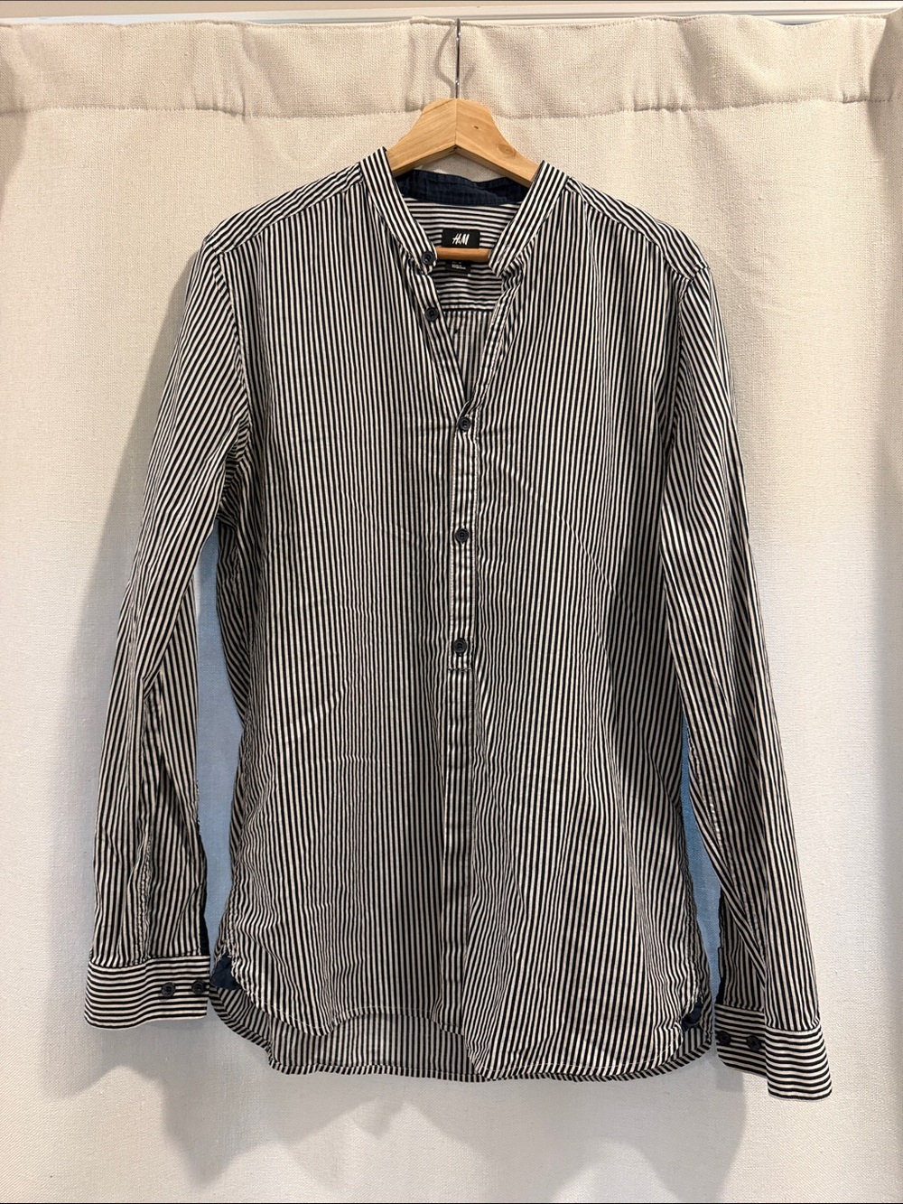 H&M Navy and White Vertical-Stripe Band Collar Shirt